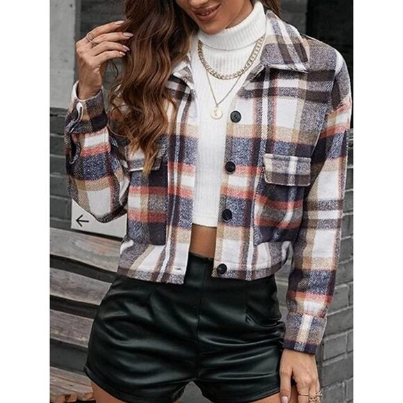 Multicolor Plaid Print Button Down Cropped Flannel Cropped Bomber Jacket Shacket - Picture 1 of 7